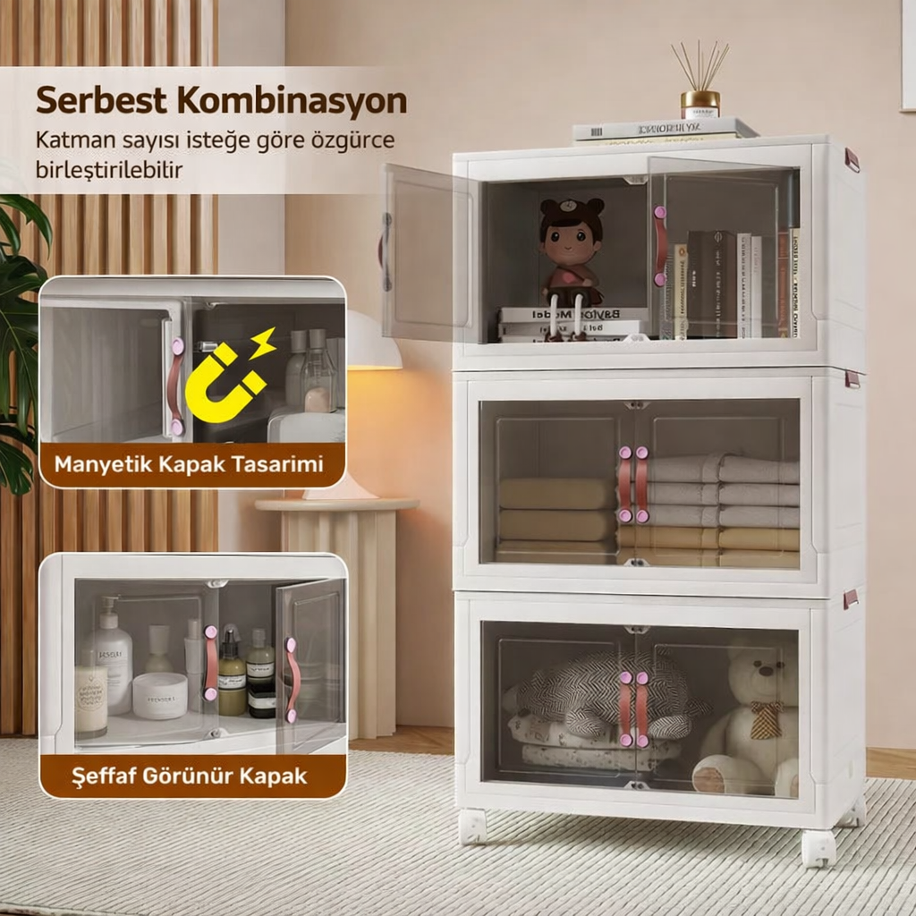 5 Bölmeli Mıknatıs Kapaklı Portatif Tekerlekli Dolap